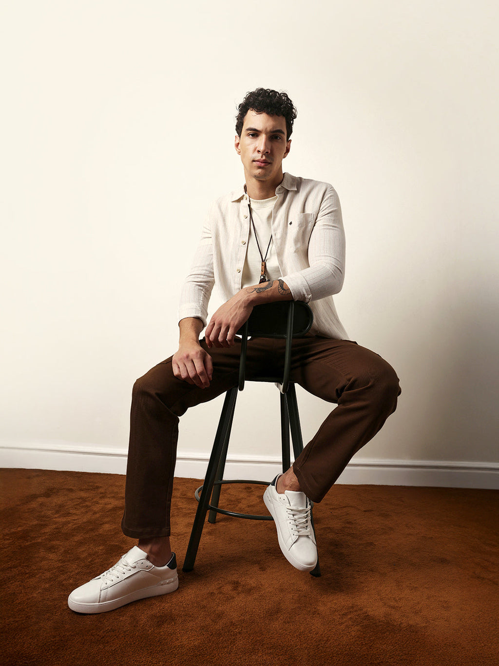 QUIZ - Cream Vertical Woven Stripe Slim Fit Casual Shirt