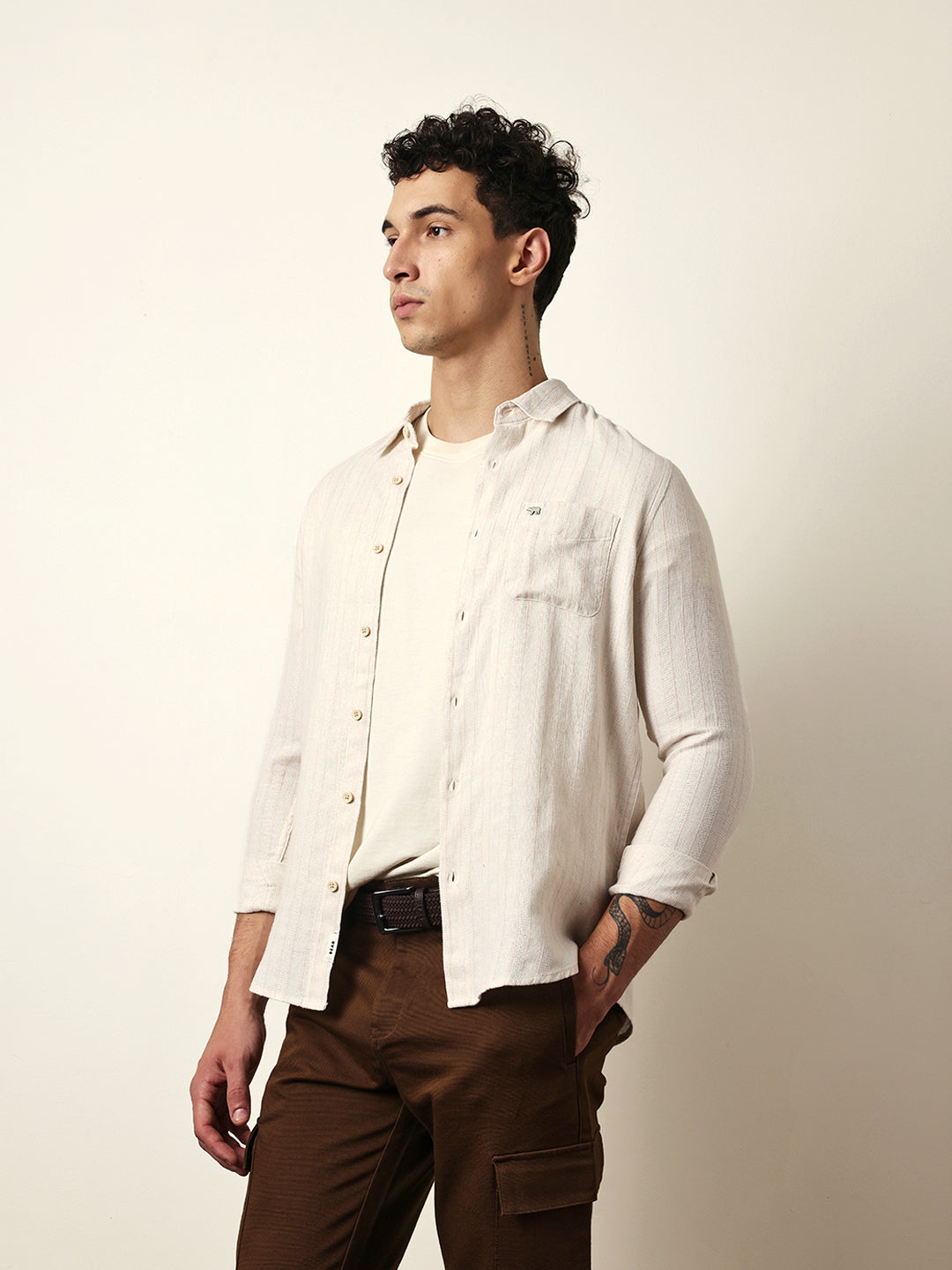 QUIZ - Cream Vertical Woven Stripe Slim Fit Casual Shirt