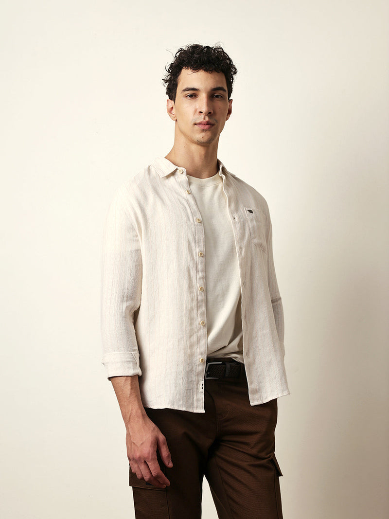 QUIZ - Cream Vertical Woven Stripe Slim Fit Casual Shirt