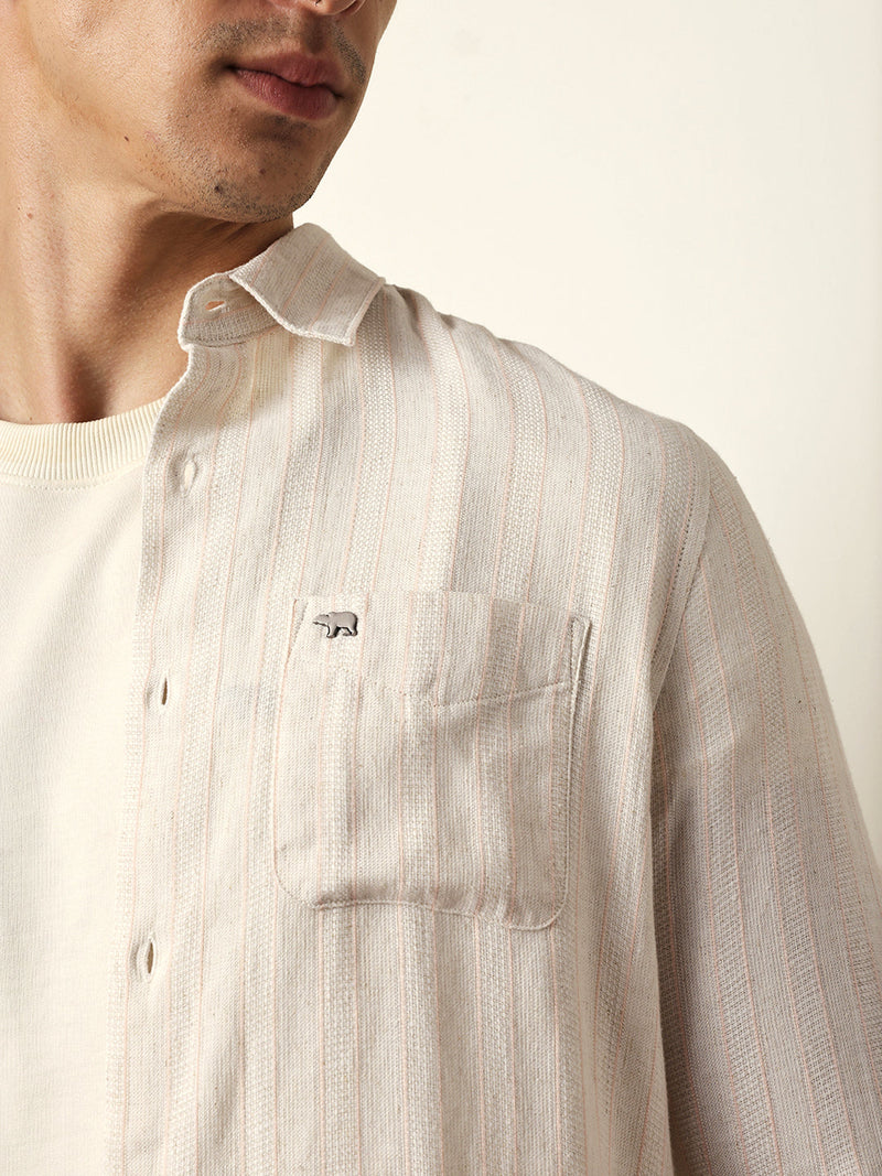 QUIZ - Cream Vertical Woven Stripe Slim Fit Casual Shirt
