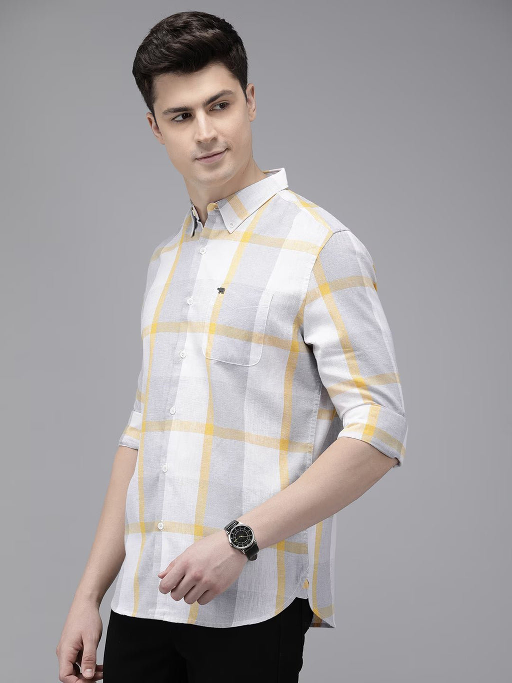 Rado - Men Grey Checked Slim Fit Cotton Blend Casual Shirt