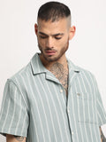 Rialto - Men's Green Striped Regular Fit Casual Shirt