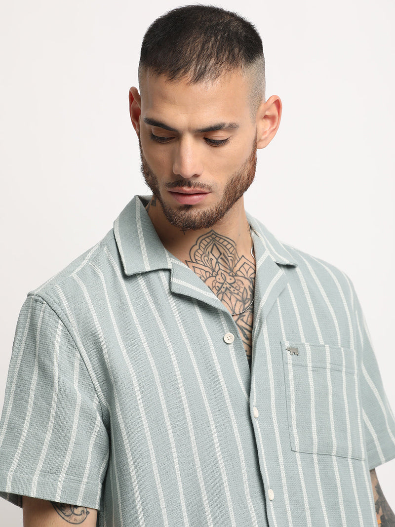 Rialto - Men's Green Striped Regular Fit Casual Shirt