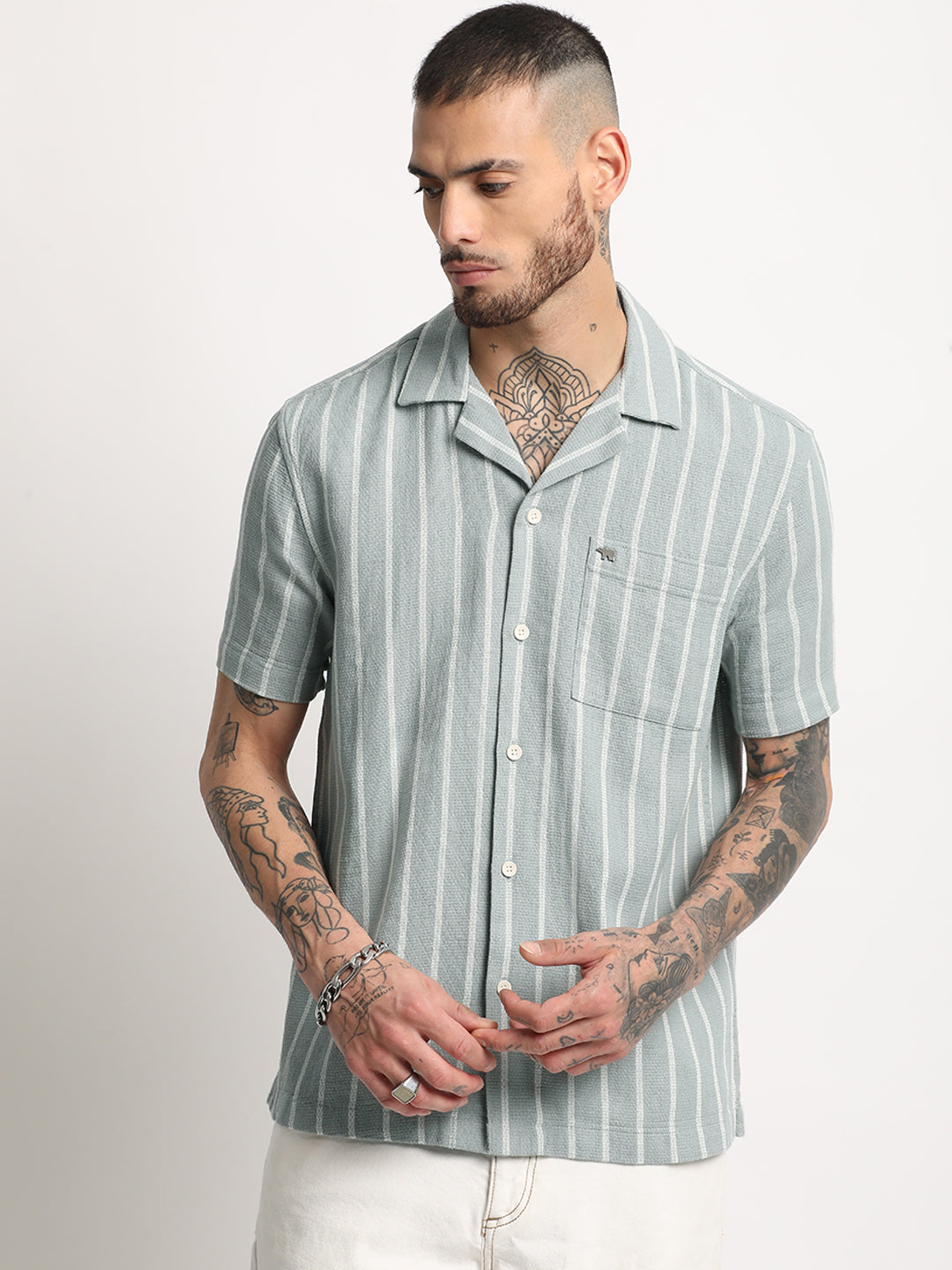 Rialto - Men's Green Striped Regular Fit Casual Shirt