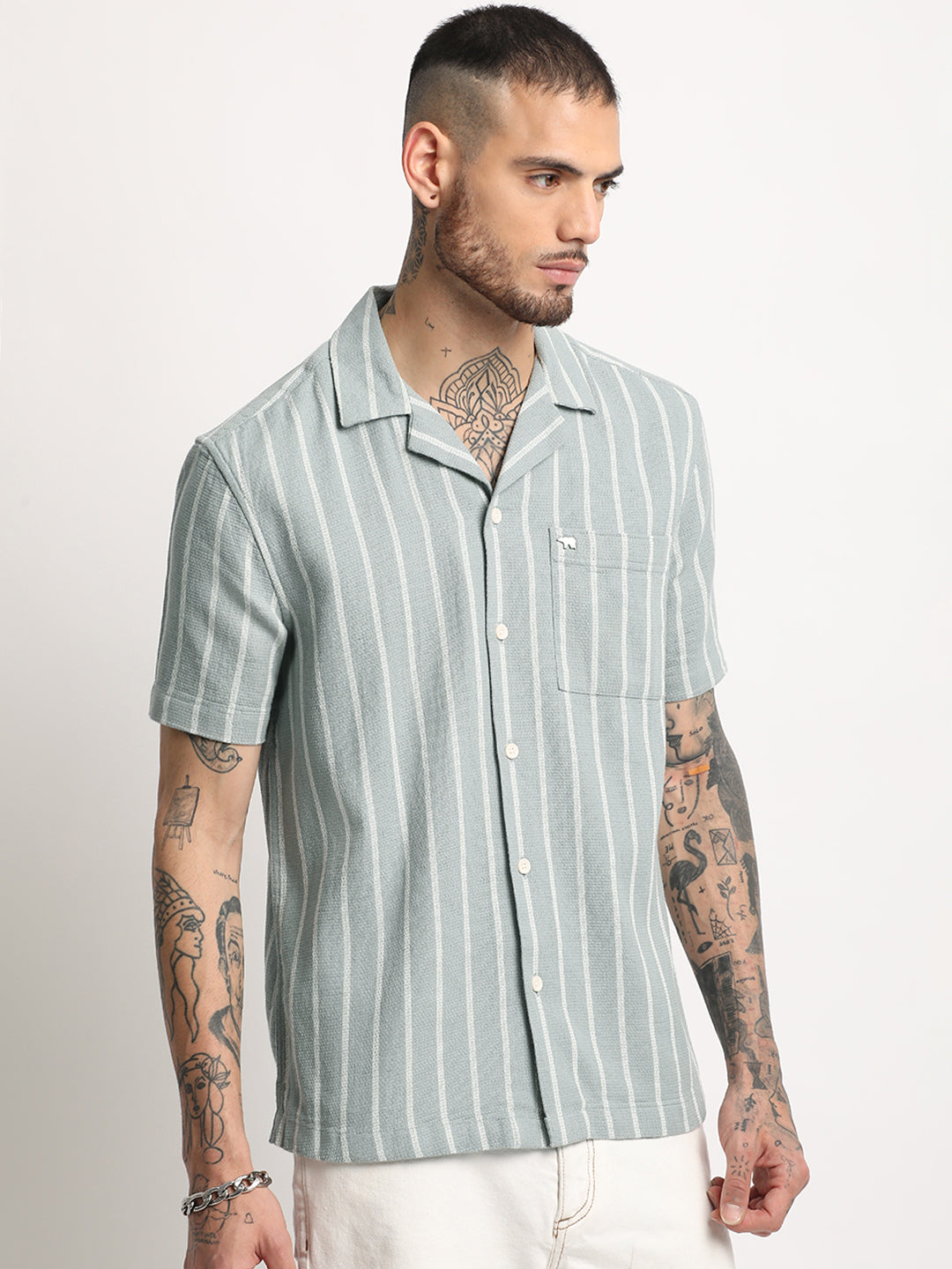Rialto - Men's Green Striped Regular Fit Casual Shirt