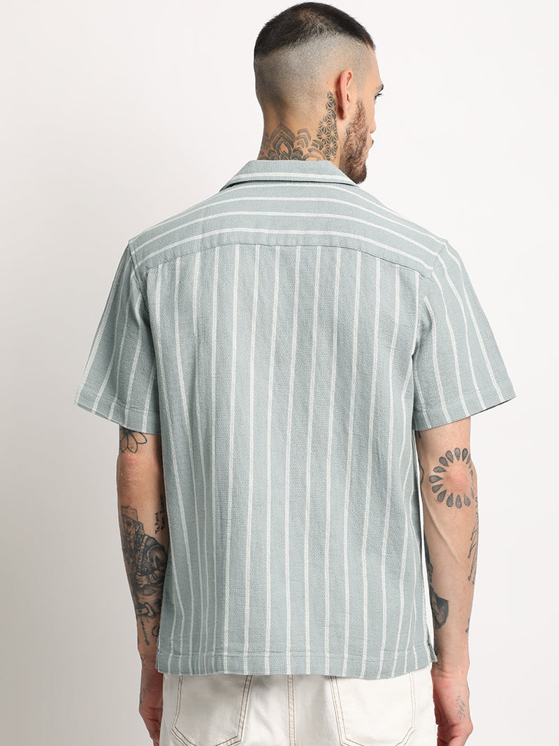 Rialto - Men's Green Striped Regular Fit Casual Shirt