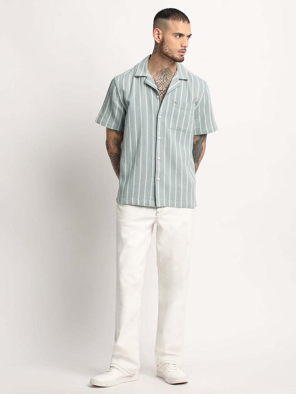 Rialto - Men's Green Striped Regular Fit Casual Shirt