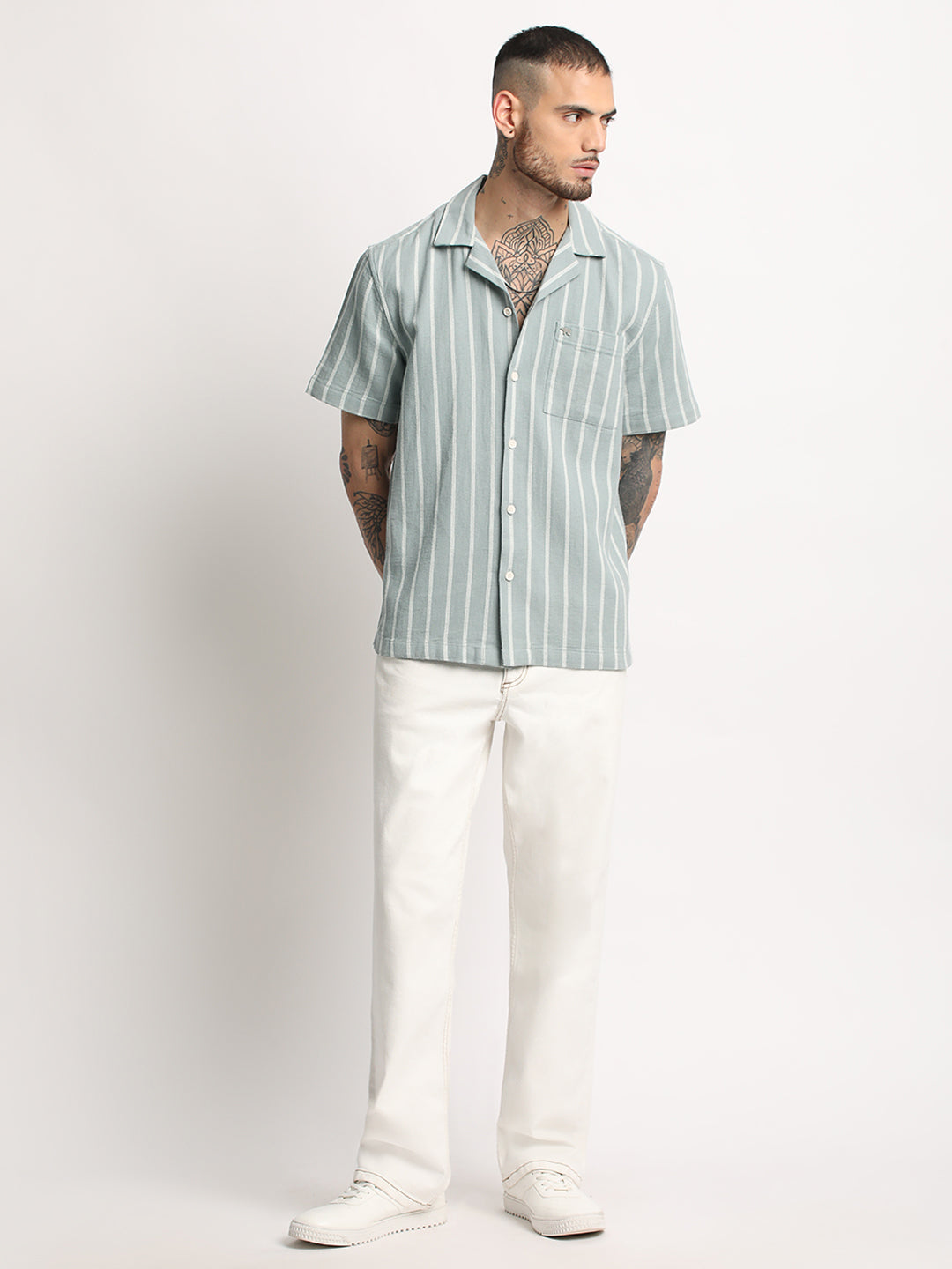 Rialto - Men's Green Striped Regular Fit Casual Shirt