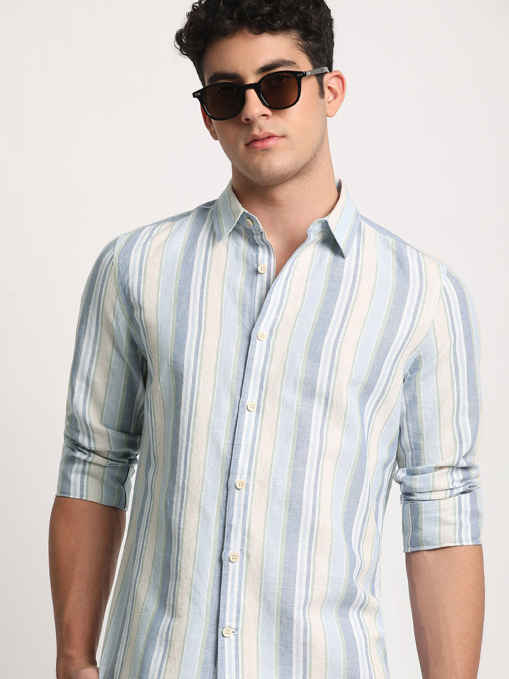Rian - Men Multi Striped Slim Fit Cotton Linen Casual Shirt