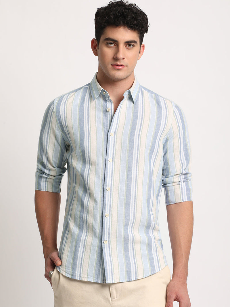 Rian - Men Multi Striped Slim Fit Cotton Linen Casual Shirt