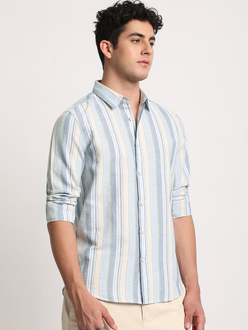 Rian - Men Multi Striped Slim Fit Cotton Linen Casual Shirt