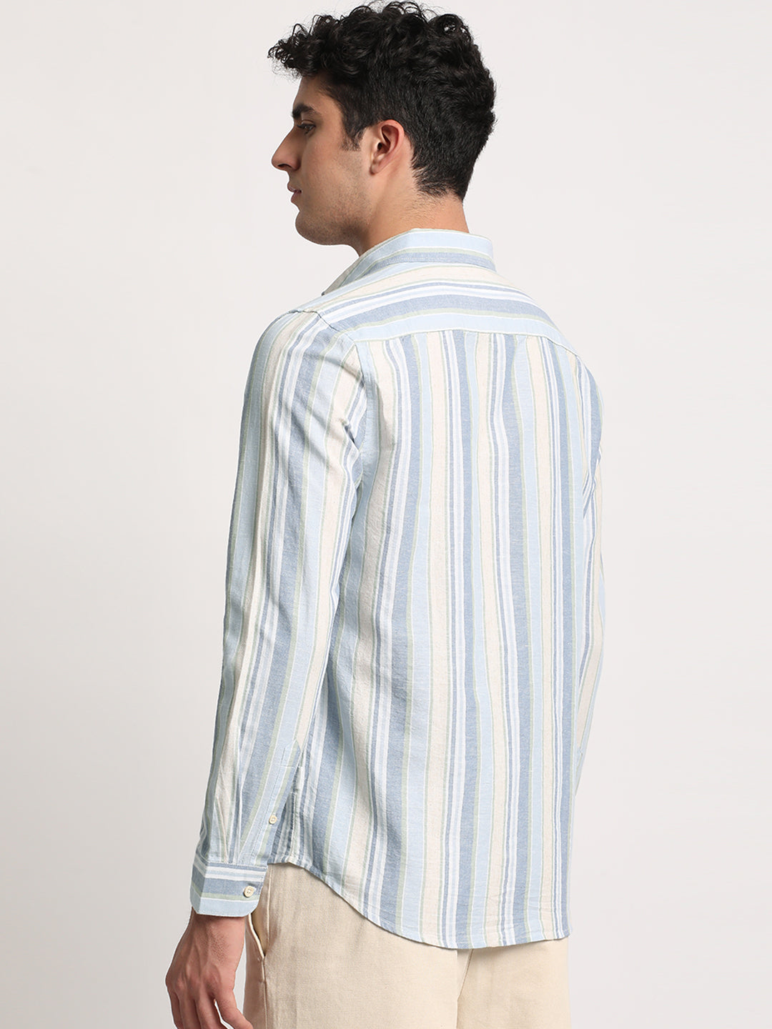 Rian - Men Multi Striped Slim Fit Cotton Linen Casual Shirt