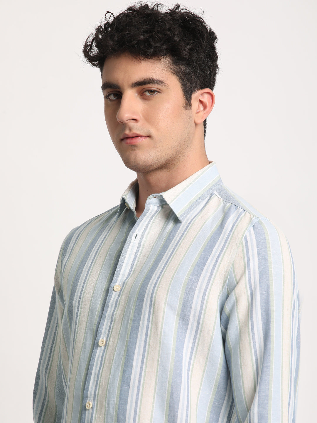 Rian - Men Multi Striped Slim Fit Cotton Linen Casual Shirt