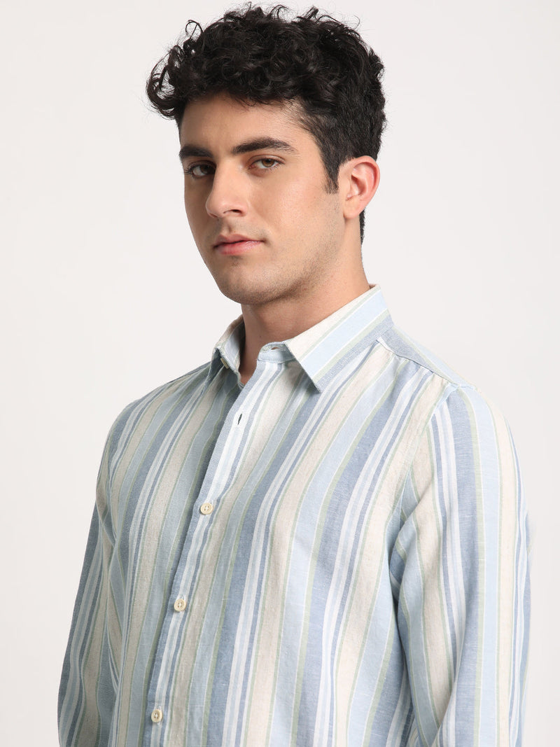 Rian - Men Multi Striped Slim Fit Cotton Linen Casual Shirt