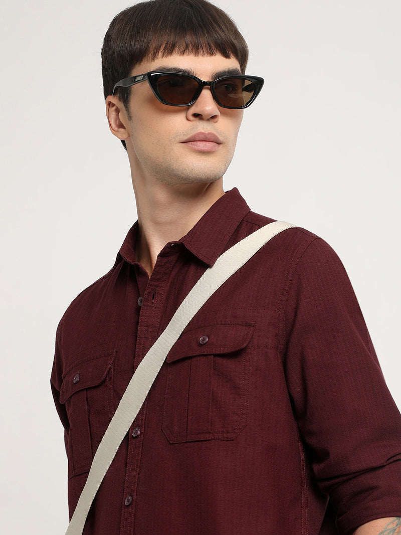 Ribal - Men Maroon Solid Slim Fit Cotton Casual Shirt