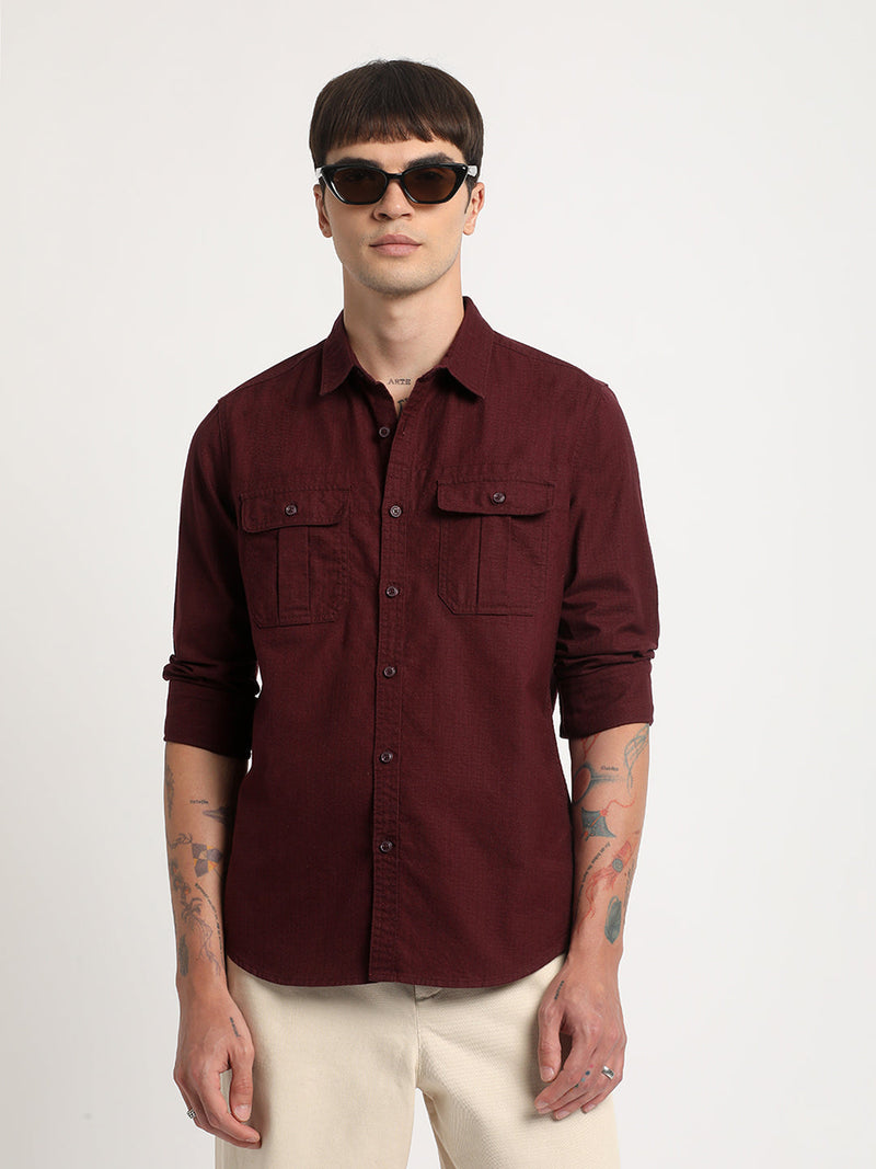 Ribal - Men Maroon Solid Slim Fit Cotton Casual Shirt
