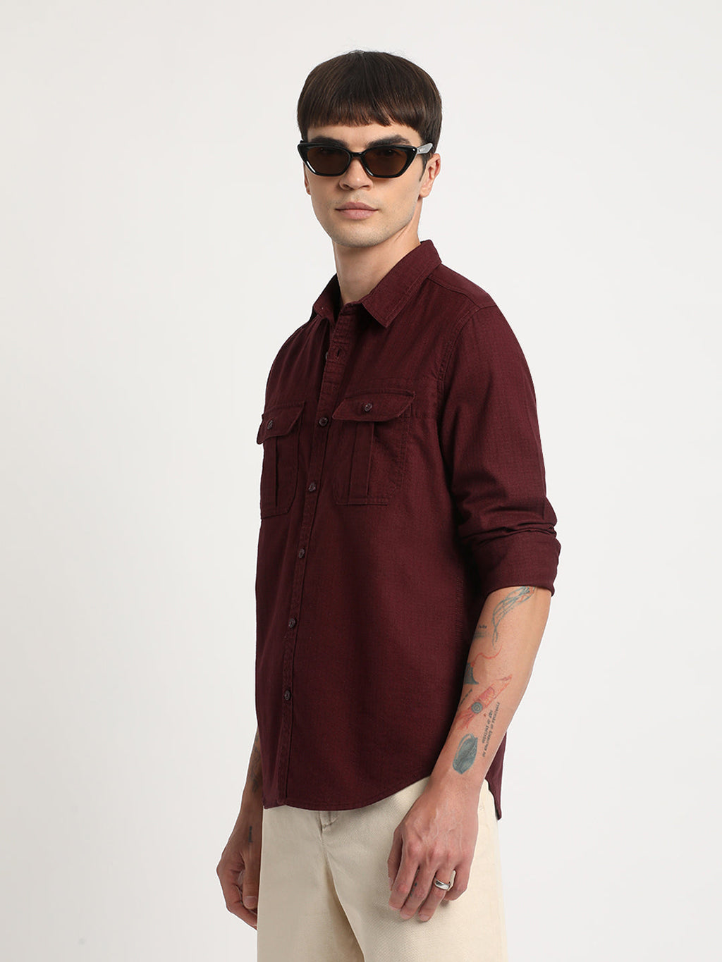 Ribal - Men Maroon Solid Slim Fit Cotton Casual Shirt