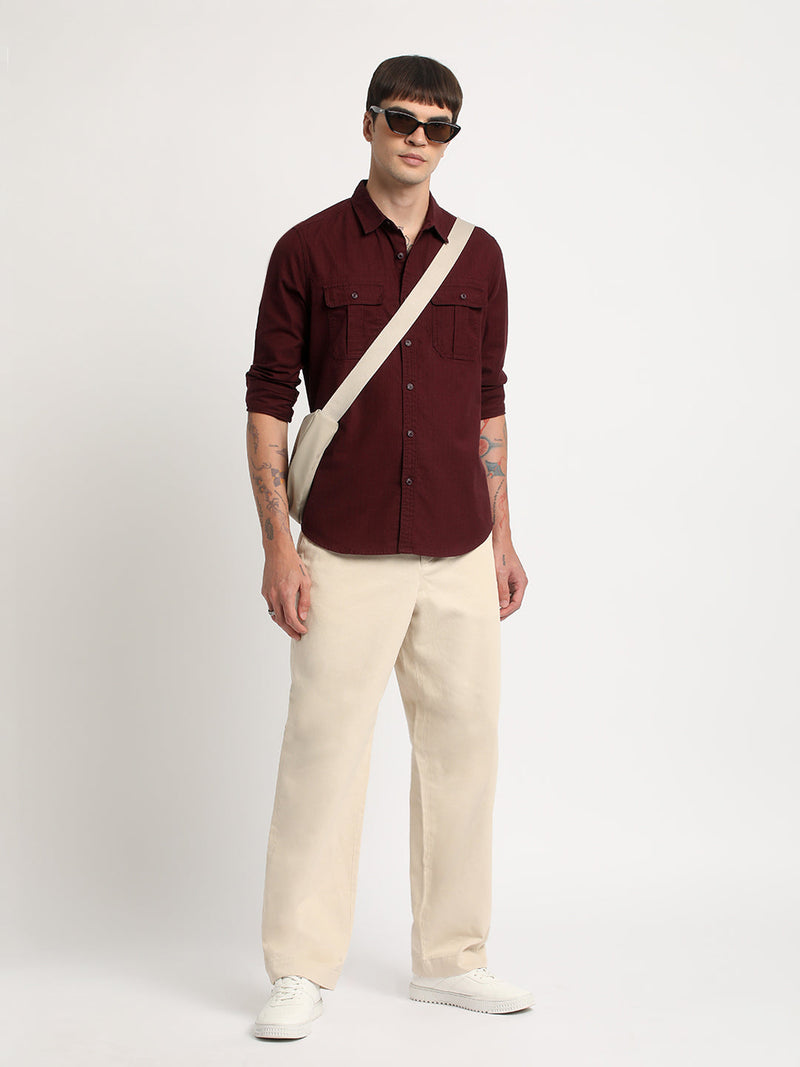Ribal - Men Maroon Solid Slim Fit Cotton Casual Shirt