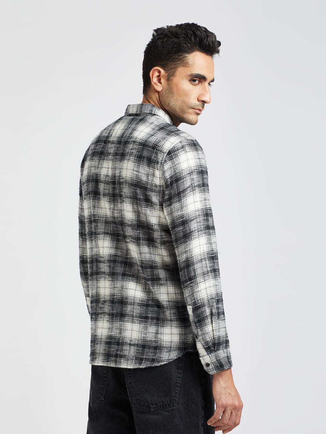 Sabino - Men Black Checked Slim Fit Flannel Cotton Casual Shirt