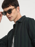 Senti - Men Green Striped Slim Fit Cotton Viscose Casual Shirt