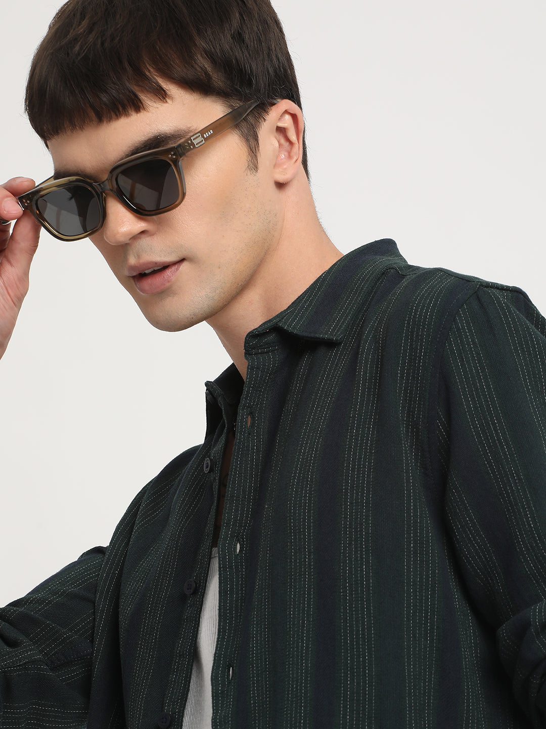 Senti - Men Green Striped Slim Fit Cotton Viscose Casual Shirt