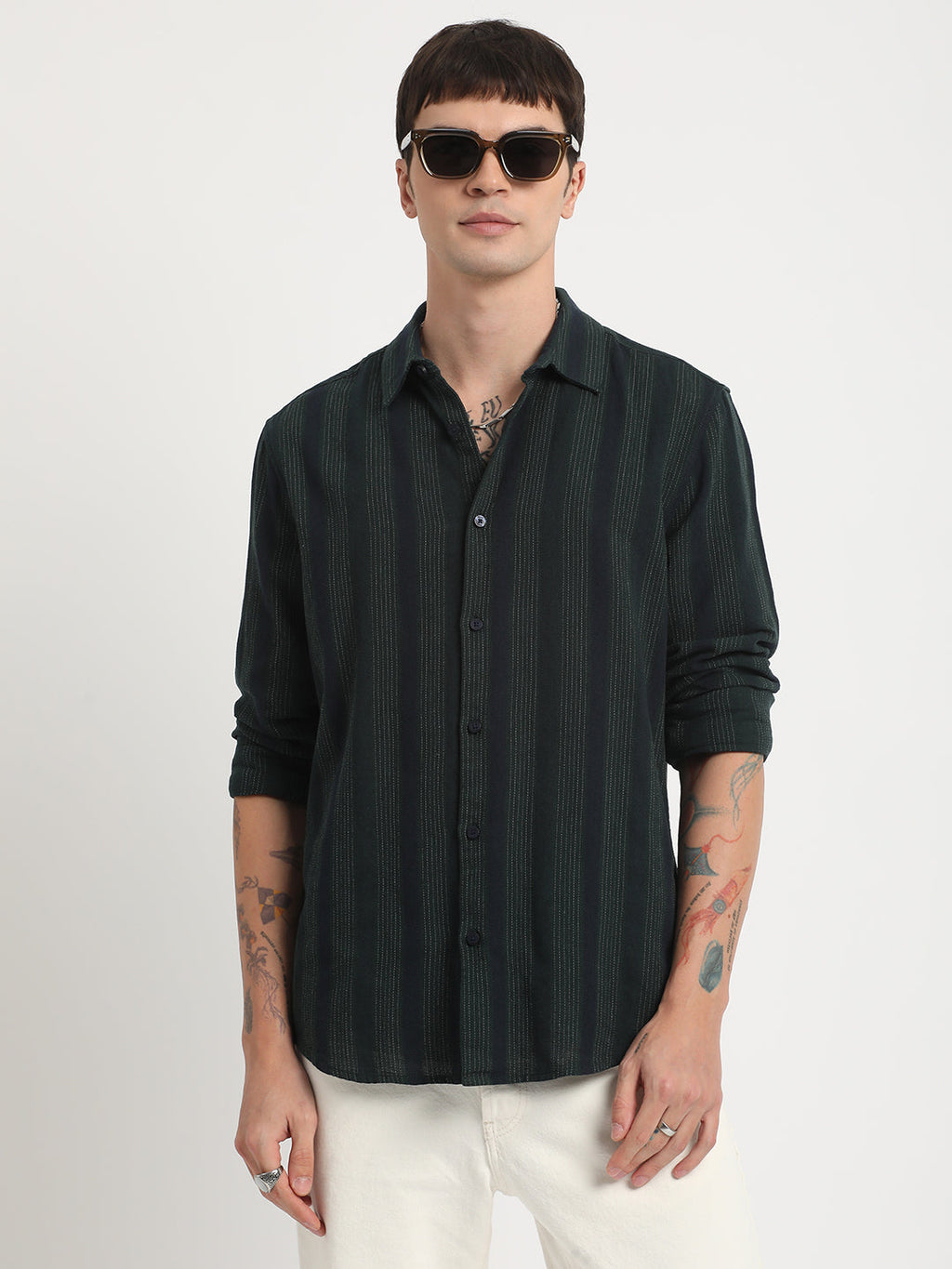 Senti - Men Green Striped Slim Fit Cotton Viscose Casual Shirt