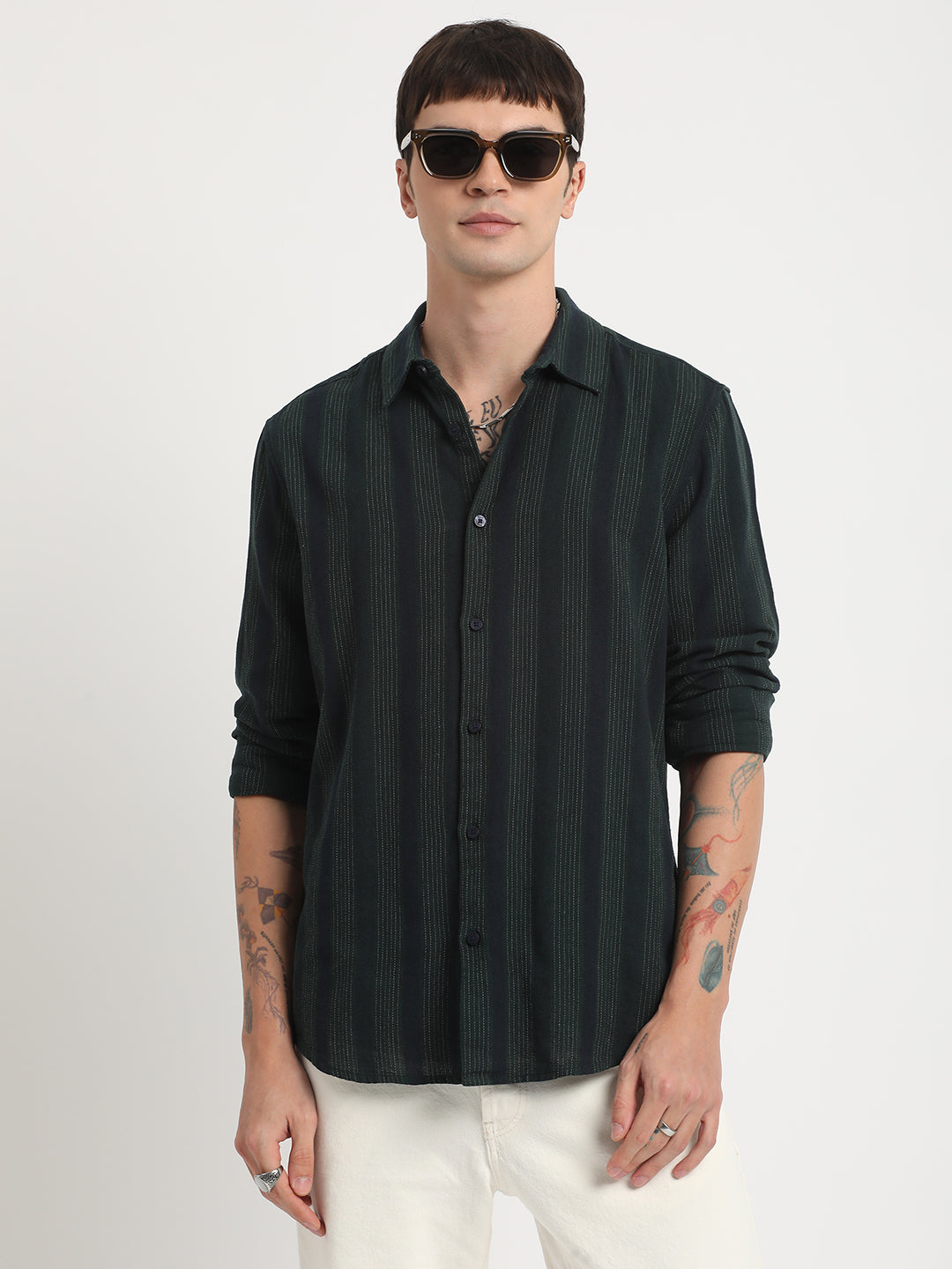 Senti - Men Green Striped Slim Fit Cotton Viscose Casual Shirt