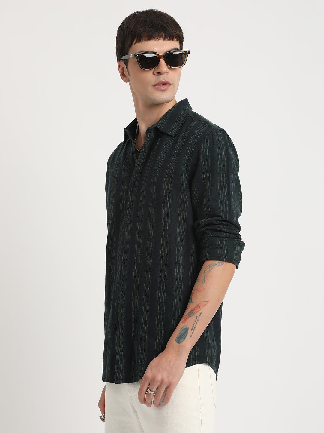 Senti - Men Green Striped Slim Fit Cotton Viscose Casual Shirt