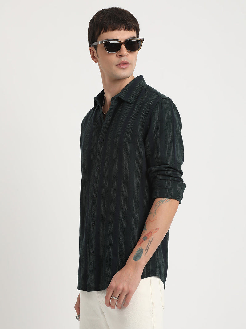Senti - Men Green Striped Slim Fit Cotton Viscose Casual Shirt