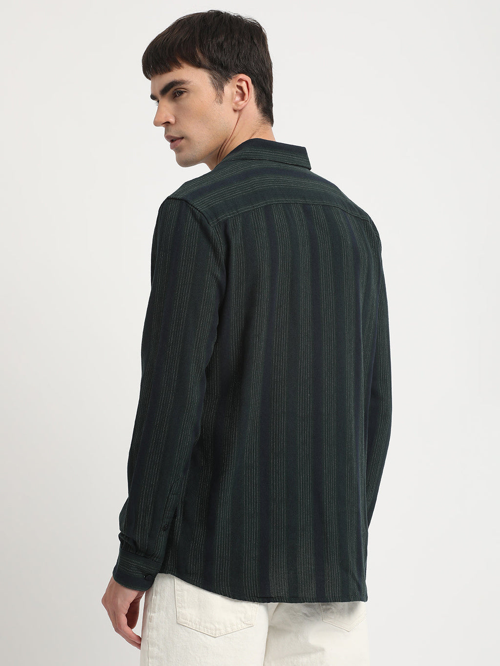 Senti - Men Green Striped Slim Fit Cotton Viscose Casual Shirt