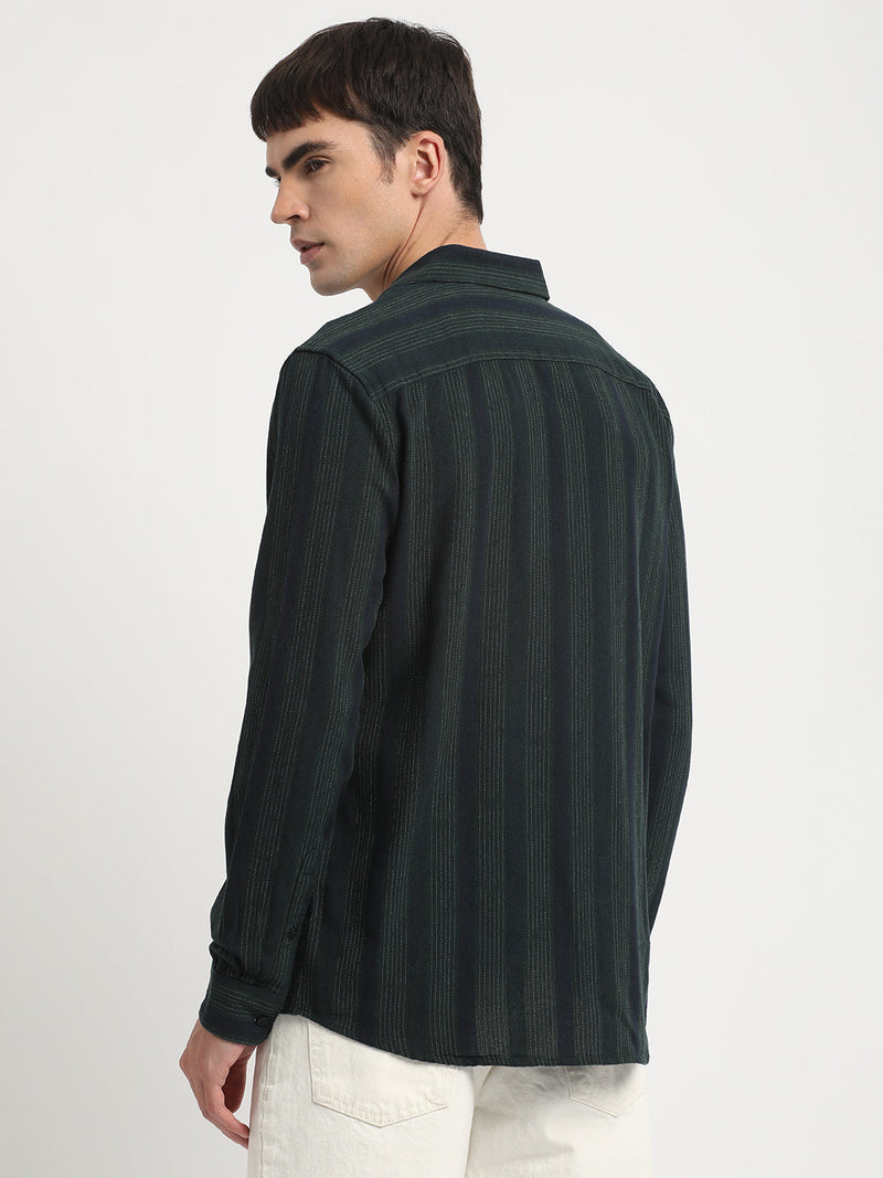 Senti - Men Green Striped Slim Fit Cotton Viscose Casual Shirt