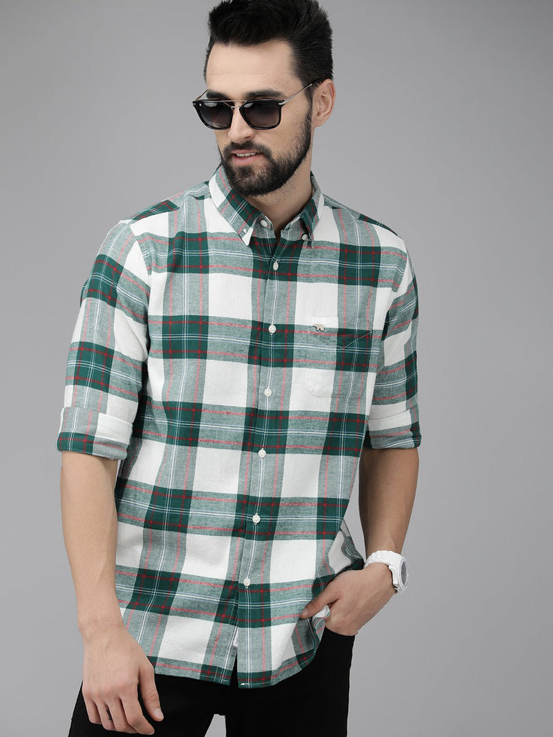 Shood - Men Green Checked Slim Flannel Casual Shirt
