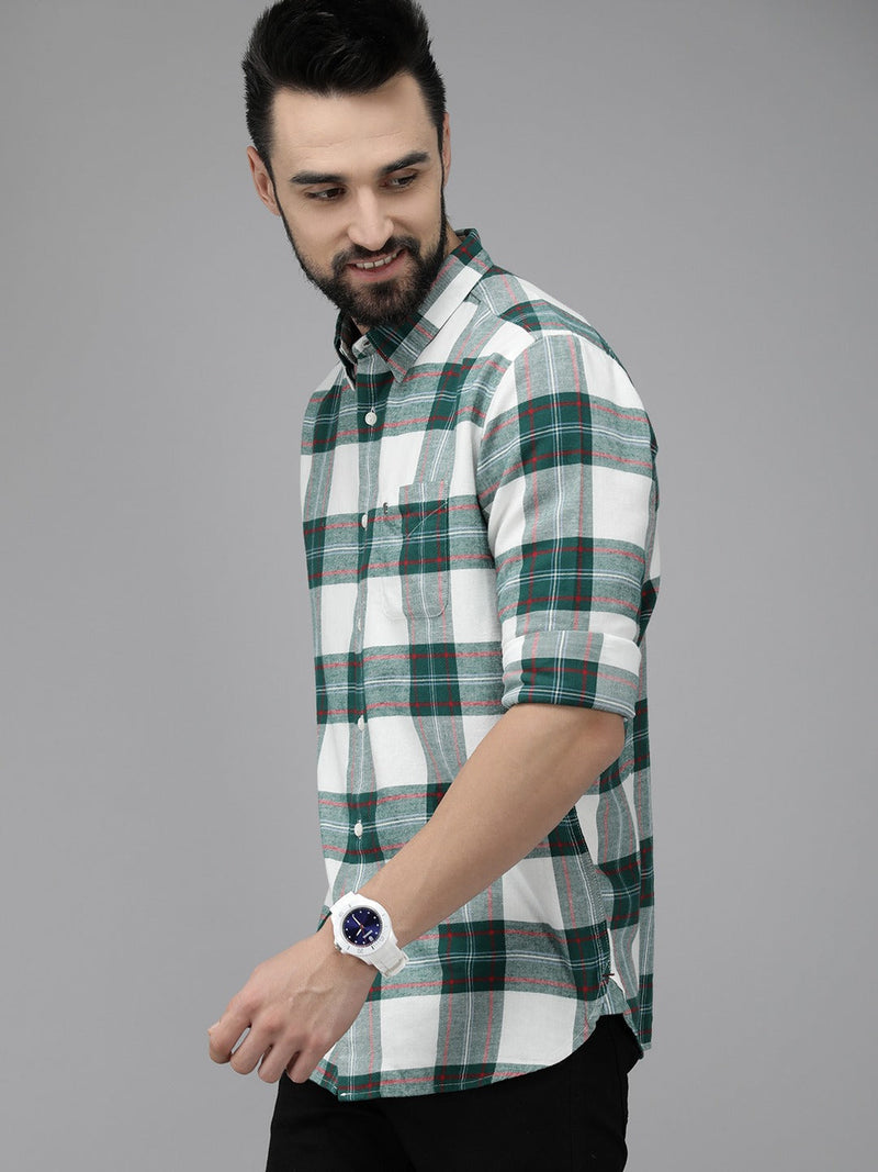 Shood - Men Green Checked Slim Flannel Casual Shirt