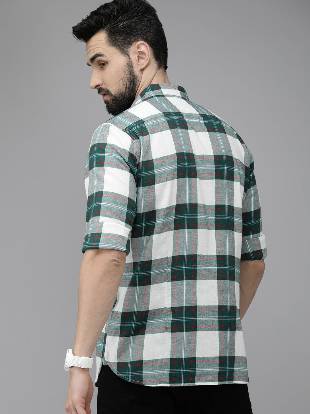 Shood - Men Green Checked Slim Flannel Casual Shirt