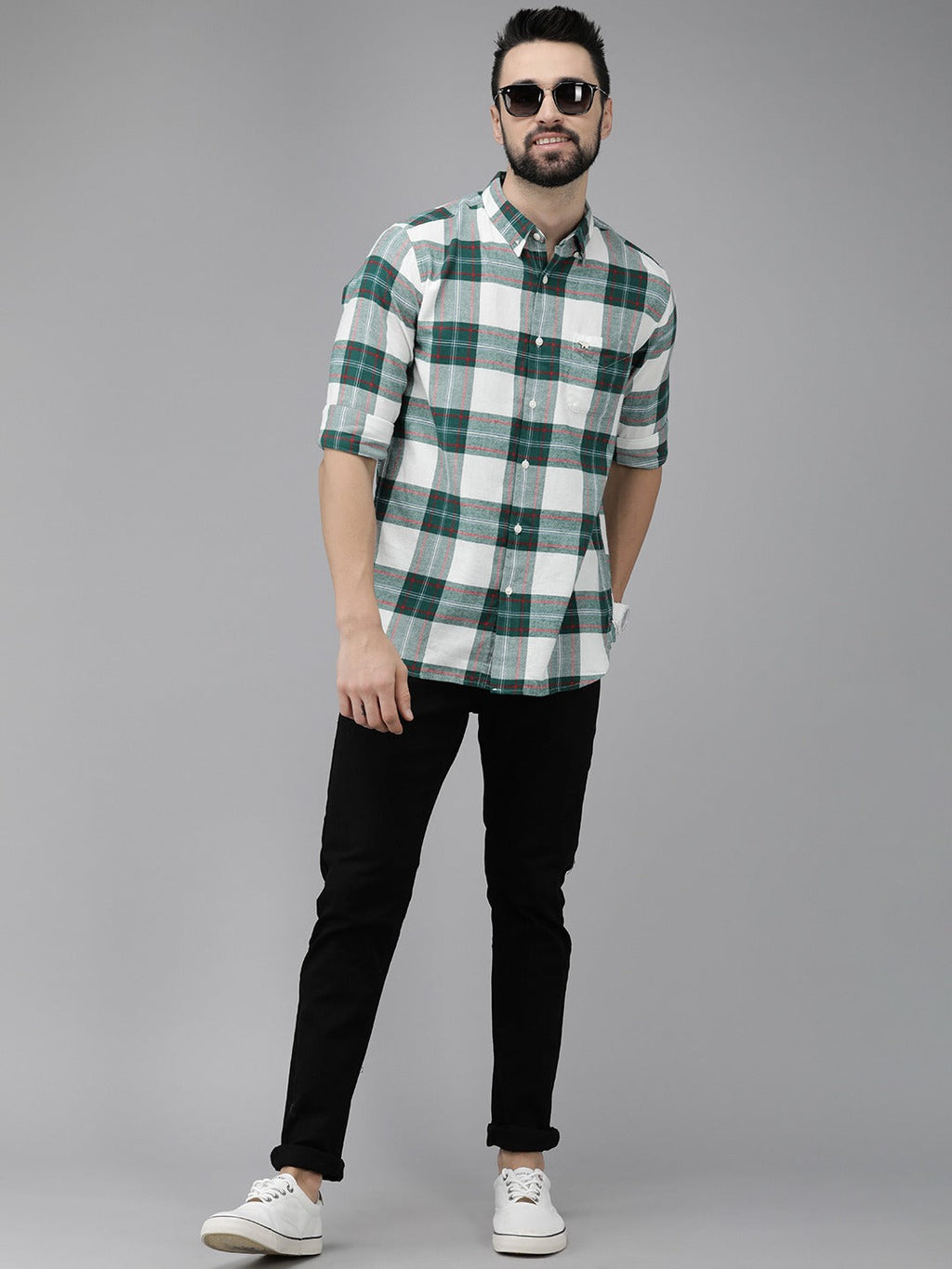 Shood - Men Green Checked Slim Flannel Casual Shirt