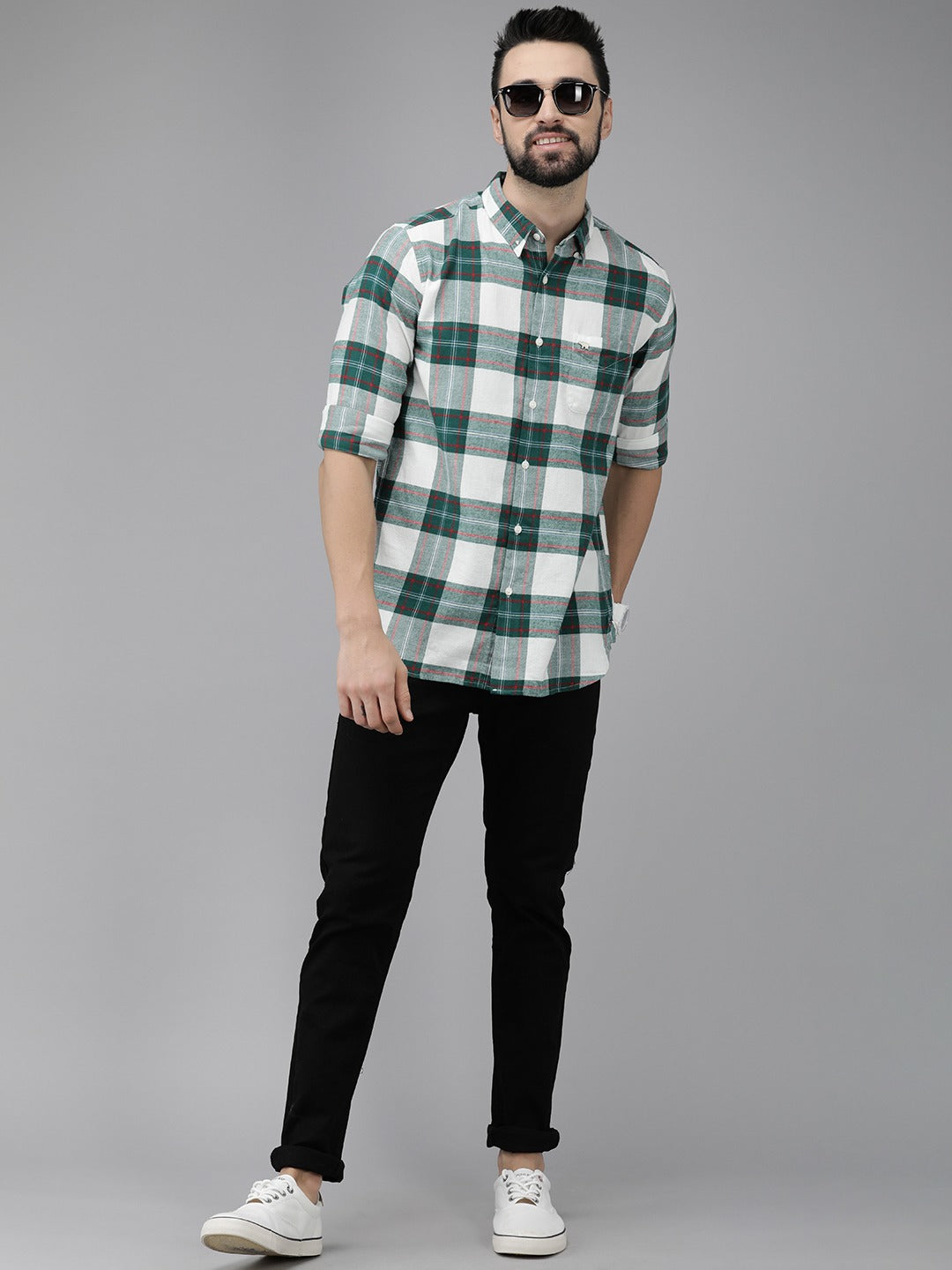 Shood - Men Green Checked Slim Flannel Casual Shirt