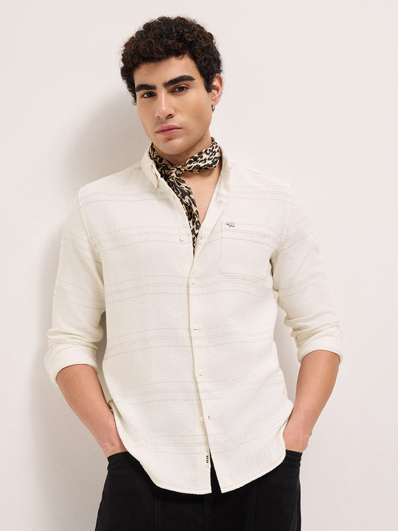 SUNYA - White Textured Horizontal Woven Striped Slim Fit Casual Shirt