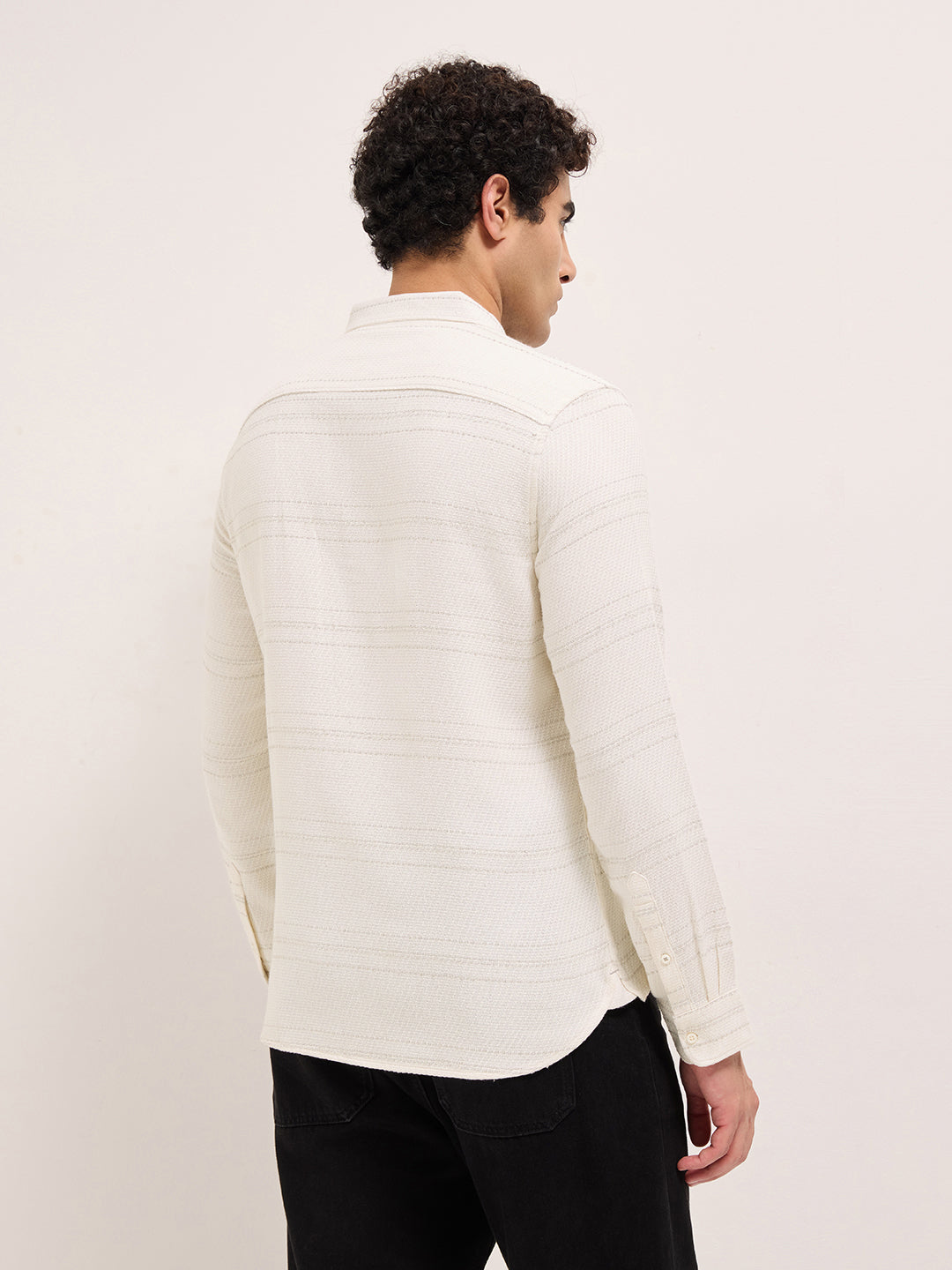 SUNYA - White Textured Horizontal Woven Striped Slim Fit Casual Shirt