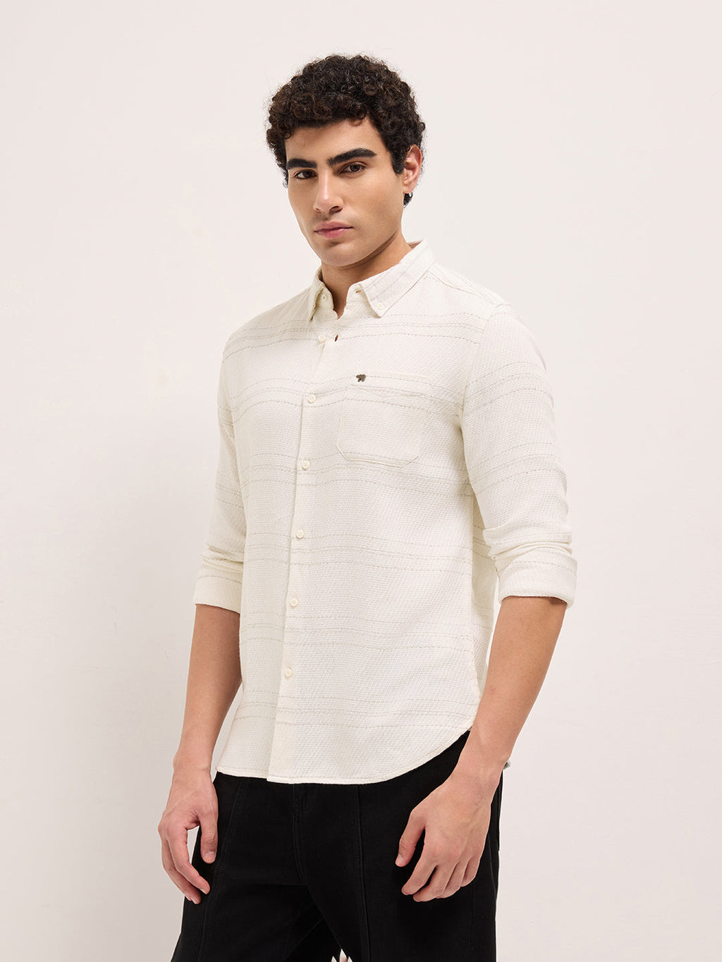 SUNYA - White Textured Horizontal Woven Striped Slim Fit Casual Shirt