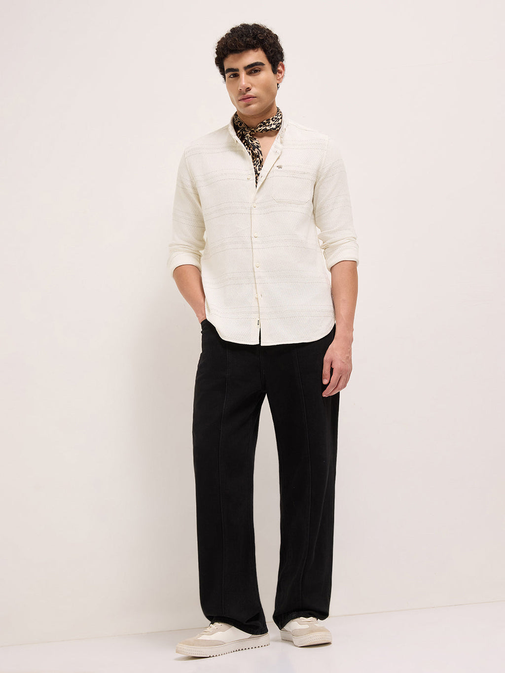 SUNYA - White Textured Horizontal Woven Striped Slim Fit Casual Shirt