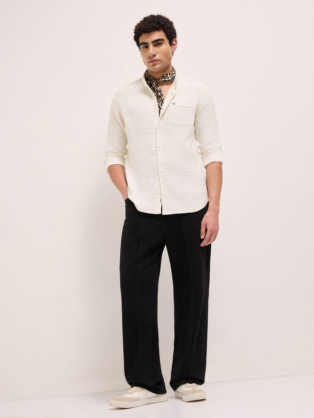 SUNYA - White Textured Horizontal Woven Striped Slim Fit Casual Shirt