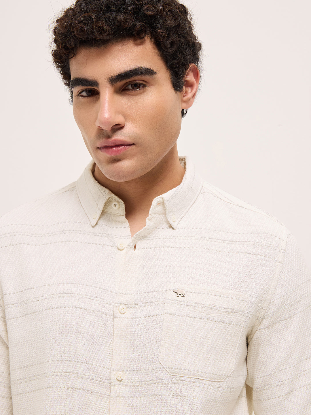 SUNYA - White Textured Horizontal Woven Striped Slim Fit Casual Shirt