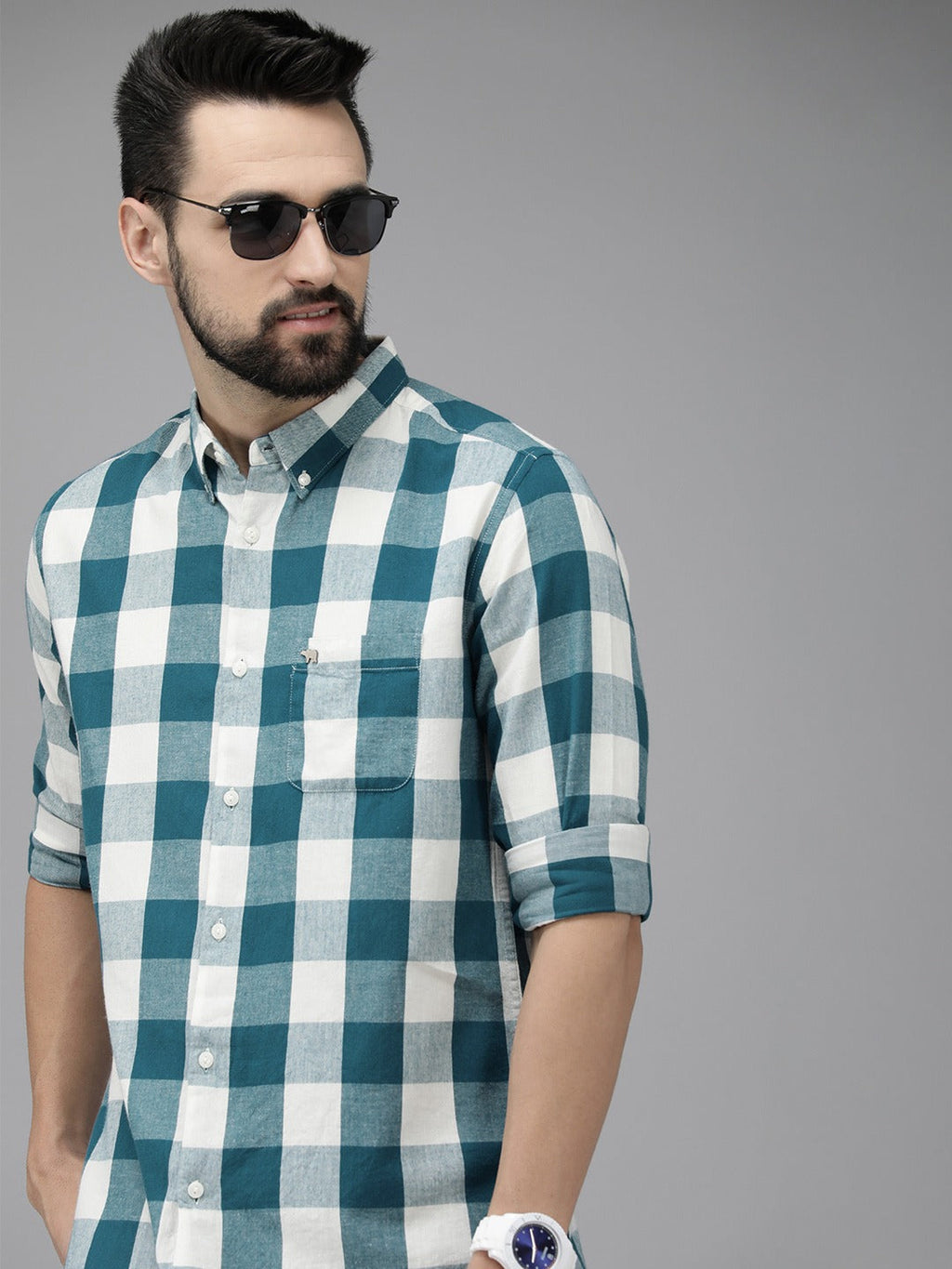 Tennis - Men Teal Green Cotton Checked Slim Flannel Shirt