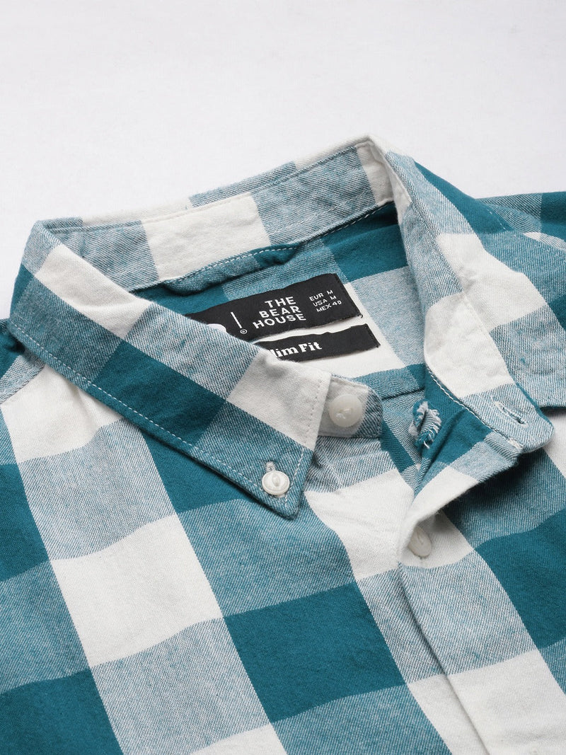 Tennis - Men Teal Green Cotton Checked Slim Flannel Shirt