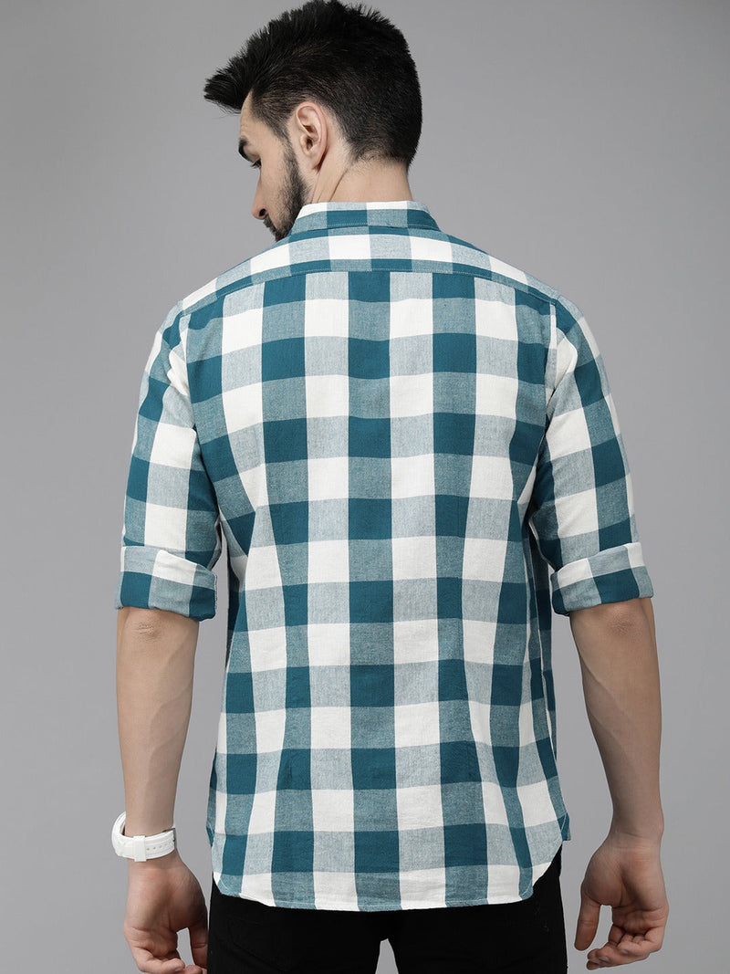 Tennis - Men Teal Green Cotton Checked Slim Flannel Shirt