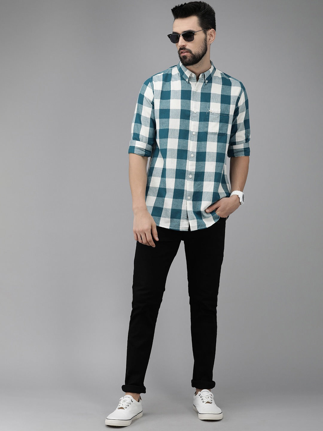 Tennis - Men Teal Green Cotton Checked Slim Flannel Shirt