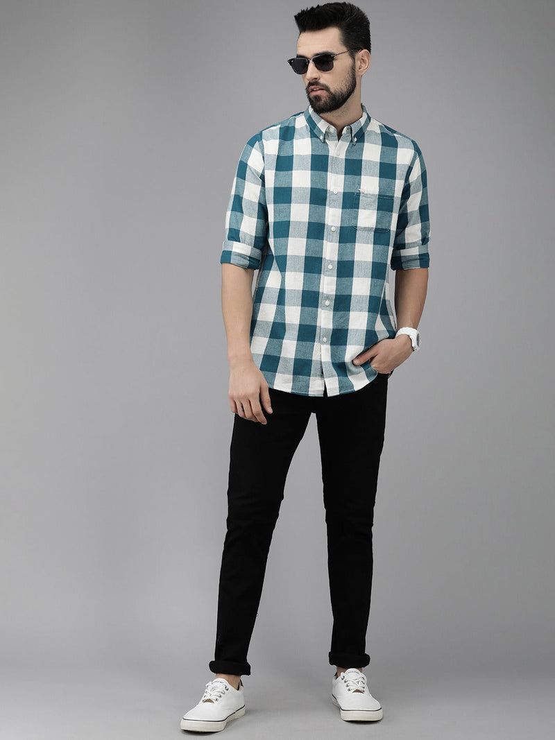 Tennis - Men Teal Green Cotton Checked Slim Flannel Shirt