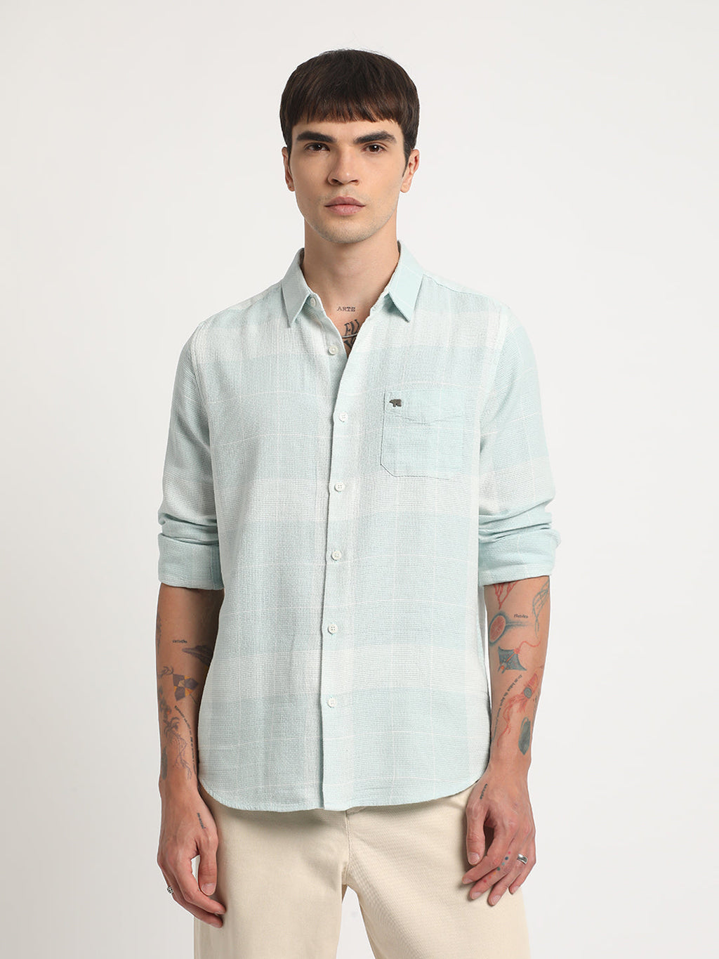 Turvil - Men Blue Checked Fit Cotton Casual Shirt