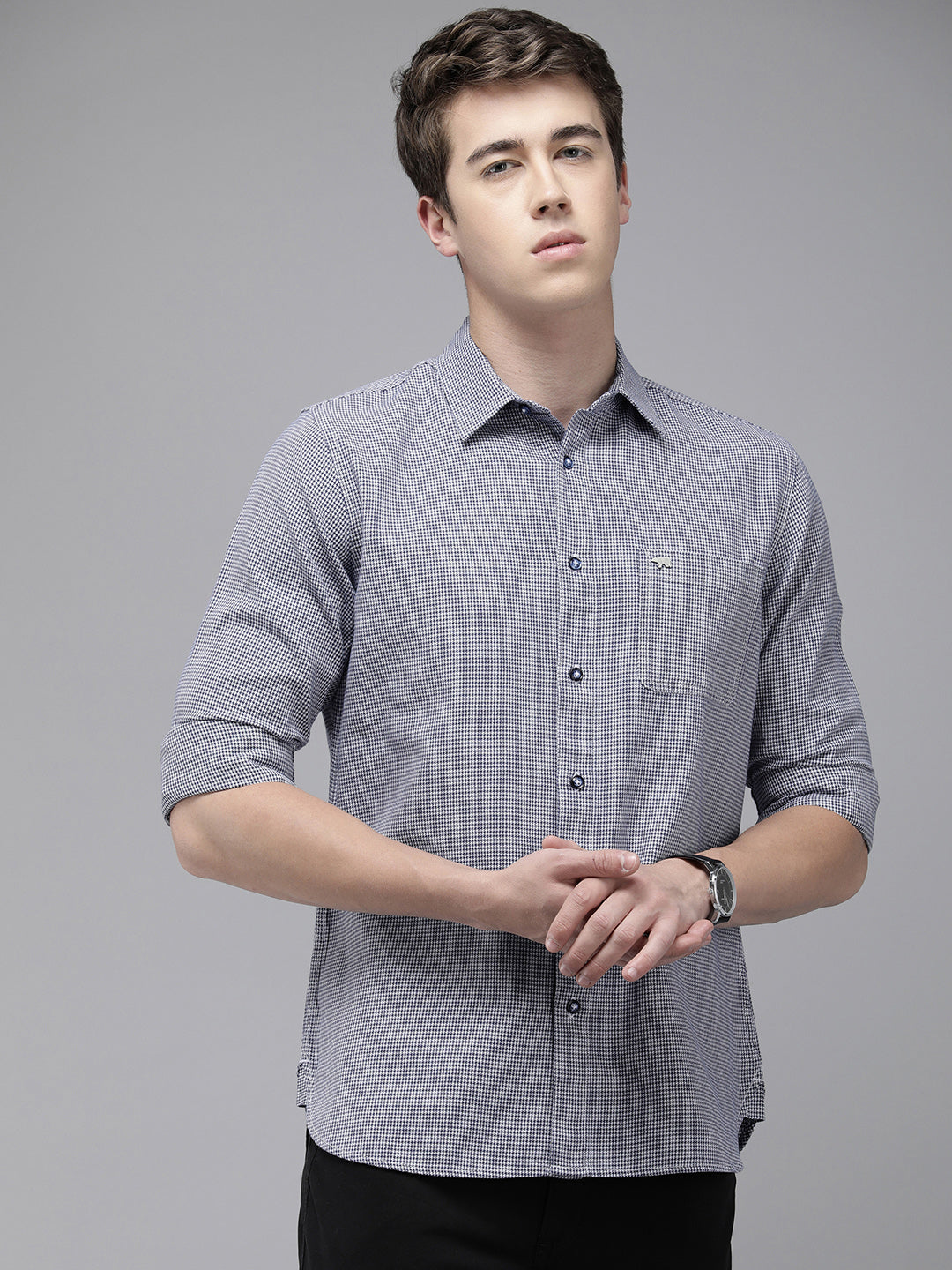 Wanda - Men Blue Hounds tooth Checked Slim Fit Cotton Casual Shirt