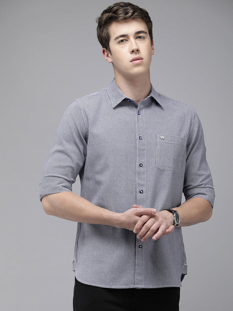 Wanda - Men Blue Hounds tooth Checked Slim Fit Cotton Casual Shirt